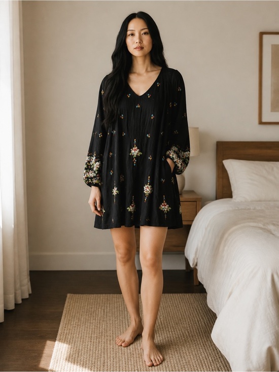 Free People Dresses & Skirts - Free People Black Floral Embroidered V-Neck Mini Dress